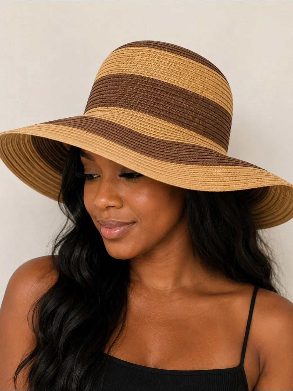 Tan Brown Striped Straw Sun Hat Wide Brim Beach Vacation One Size